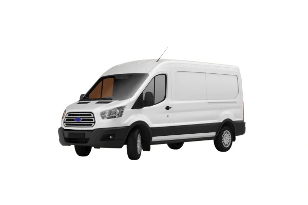  A white commercial delivery van, with a sleek design, possibly a Ford Transit or similar model, isolated on a white background, with no visible company markings or logos.